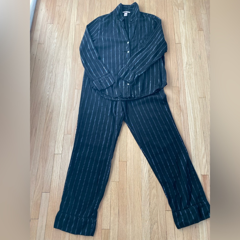 Victoria Secret metallic pinstripe black lightweight brushed cotton blend pj set